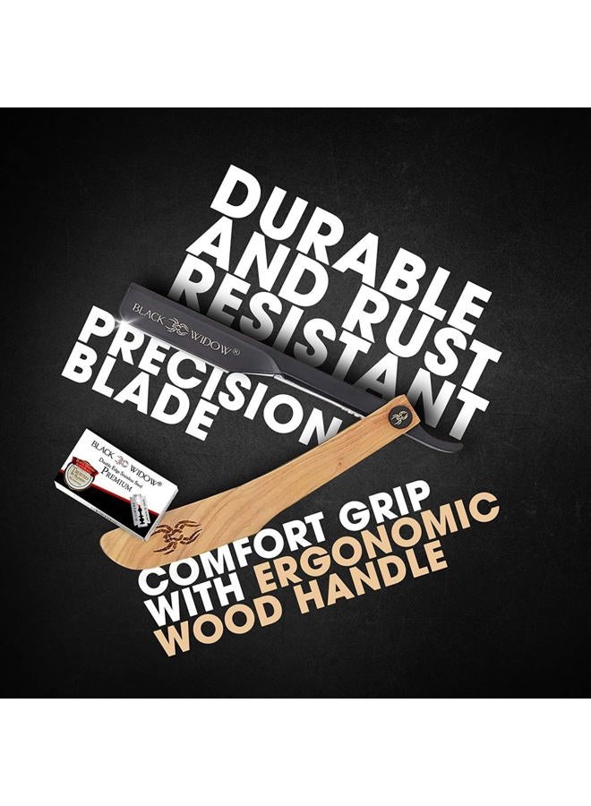 Black Widow Executive Brand Razor Barber Straight Kit - Vintage Wooden Handle, 10 Double-Edge Blades, Men's Shaving Kit for Barbers, Light Wood - Image 3